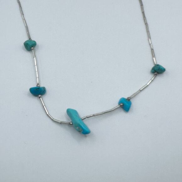 Southwestern Liquid Silver Choker Turquoise Chunky Stone Necklace 15.5" long - Picture 2 of 11